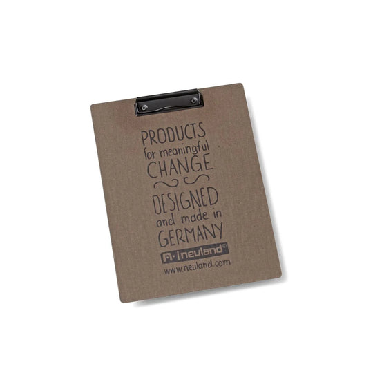 myClipBoard, Brown cardboard clipboard, 2.5 mm thick with black screen print, rounded corners, black clamping bracket or spring clamp.