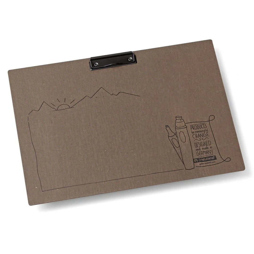 myClipBoard, Brown cardboard clipboard, 2.5 mm thick with black screen print, rounded corners, black clamping bracket or spring clamp.