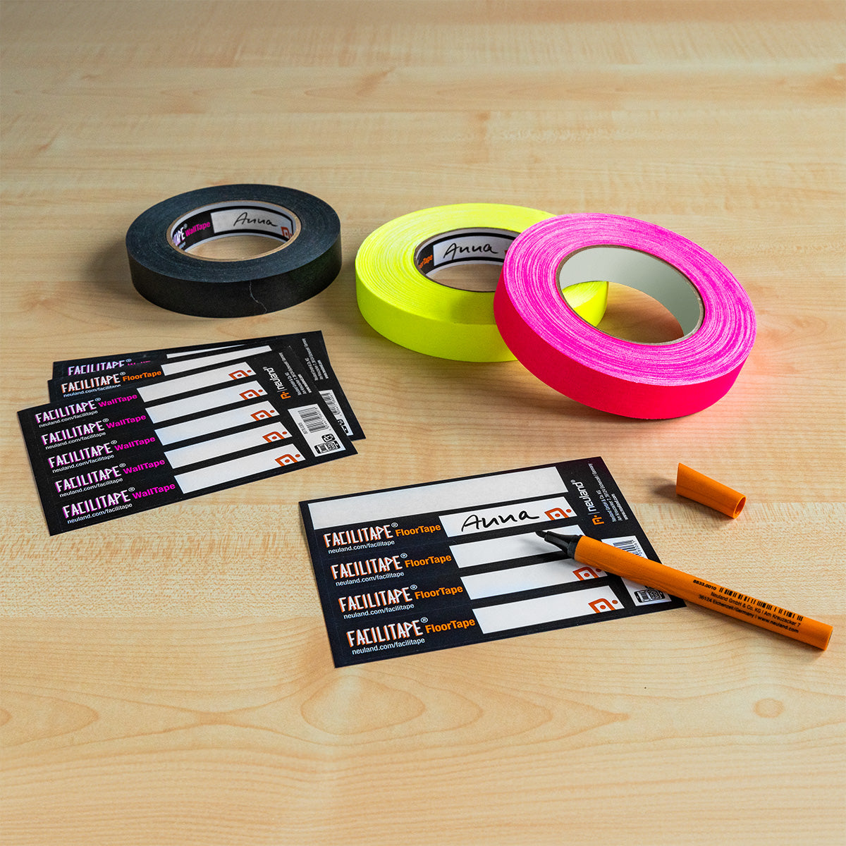 Rolls of brightly coloured wall and floor tape for use in training and meeting rooms, sold by Neuland UK reseller, Inky Thinking Shop