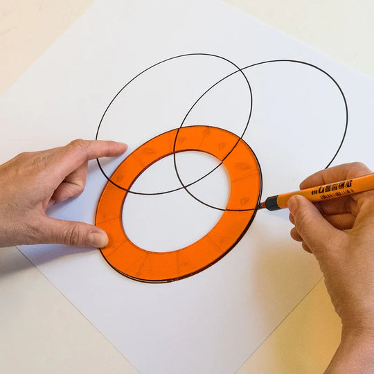 Neuland Orbits plastic template guide for drawing different sized round circles, arcs, curves on paper. Sold in UK by Inky Thinking online shop 