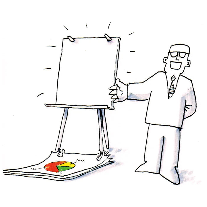 Cartoon man standing next to flipchart easel with paper on the floor.