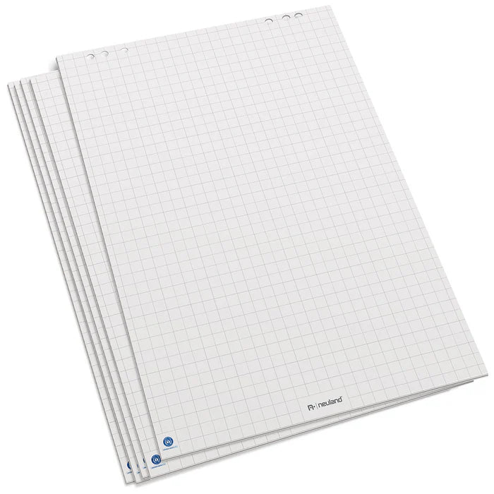 Pads of white flipchart paper with grey chequered print. Sustainable Neuland paper.