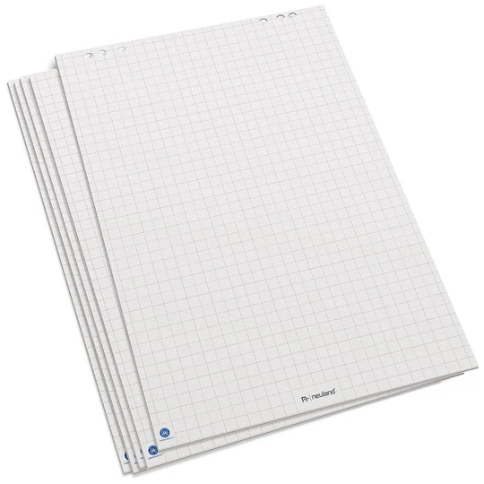 Pads of white flipchart paper with grey chequered print. Sustainable Neuland paper.