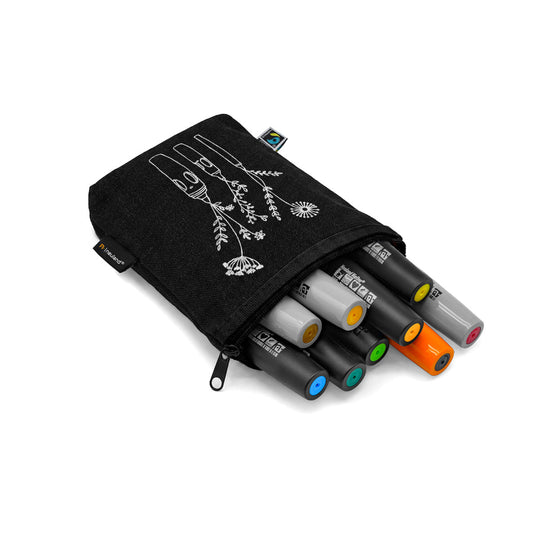 Set of markers with a black pouch featuring white designs on a white background