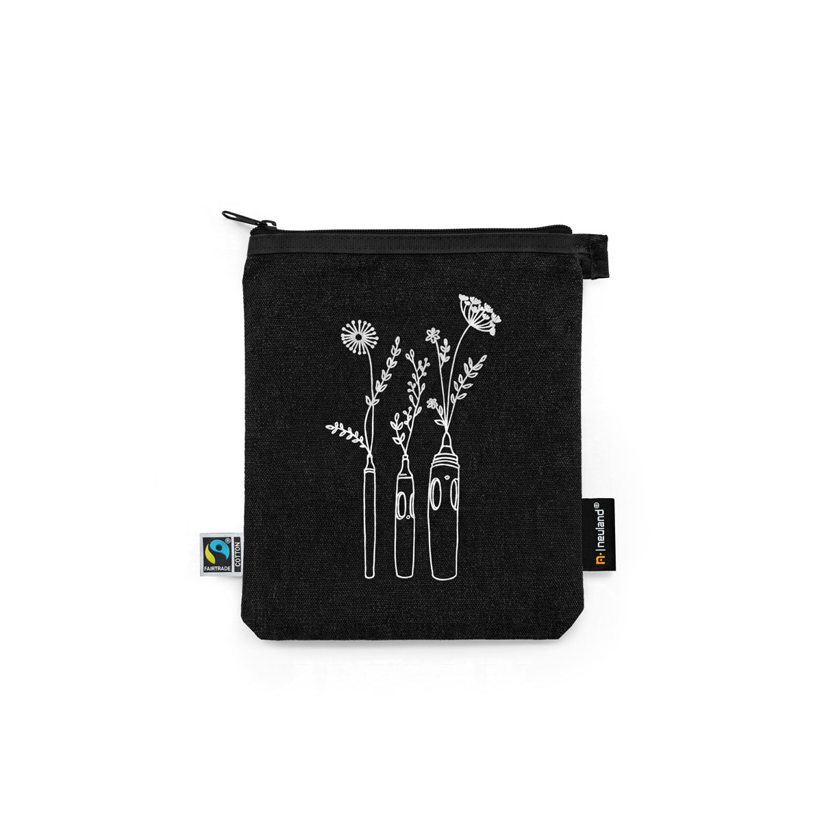 Black pen pouch with white floral design on a white background, designed by Neuland, Germany.