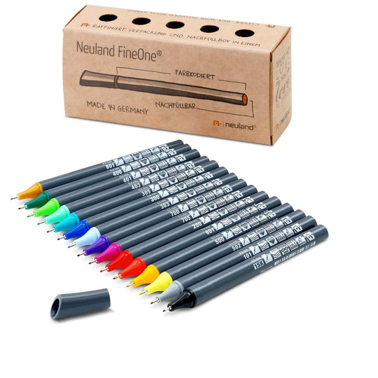 Neuland FineOne Sketch pen, 0.5mm, set of 15, rainbow, refillable, sold in UK by Inky Thinking Shop