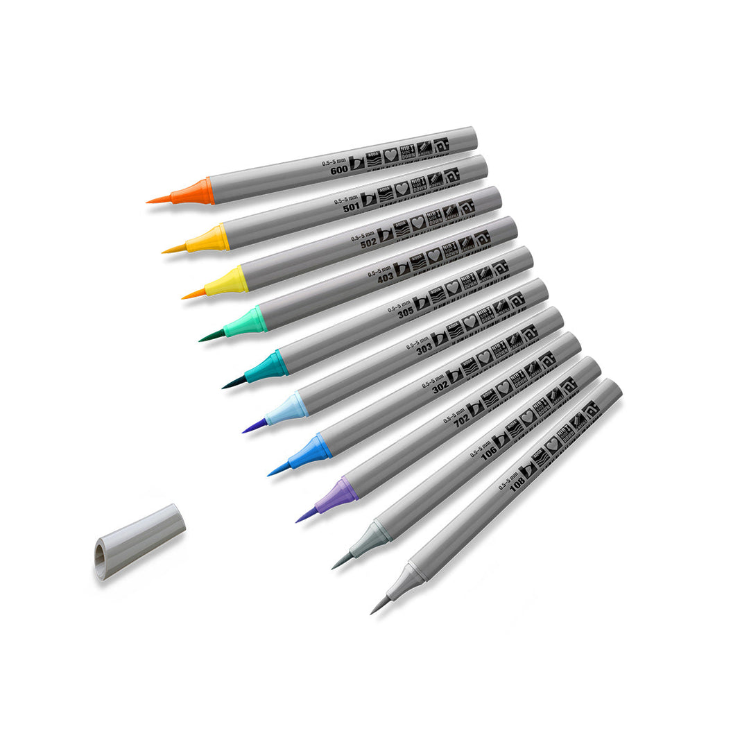 Set of coloured refillable Neuland FineOne markers with caps on a white background