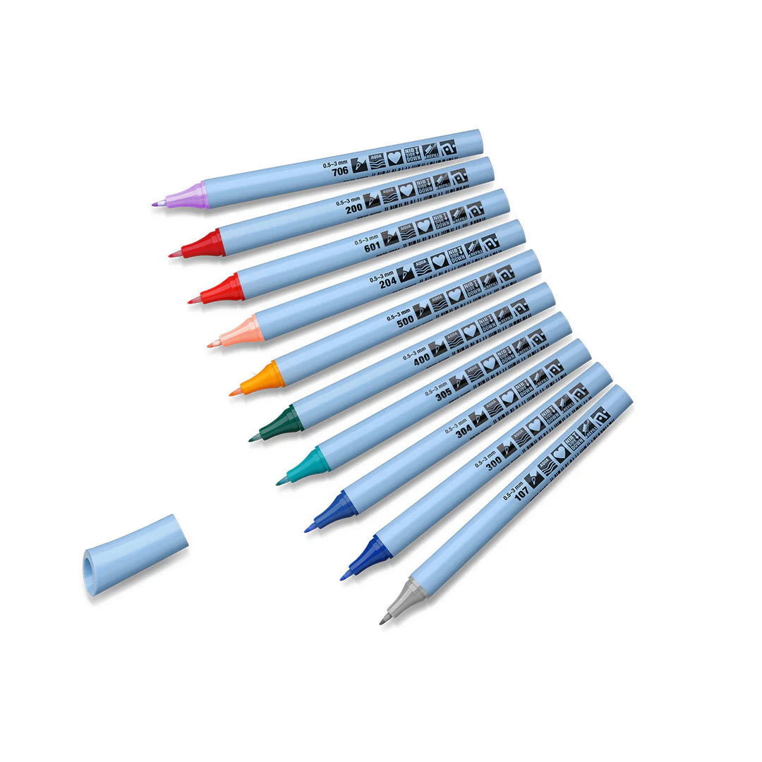 Set of 10 assorted Neuland refillable fineone flex markers, displayed in deep colour tones on white background.