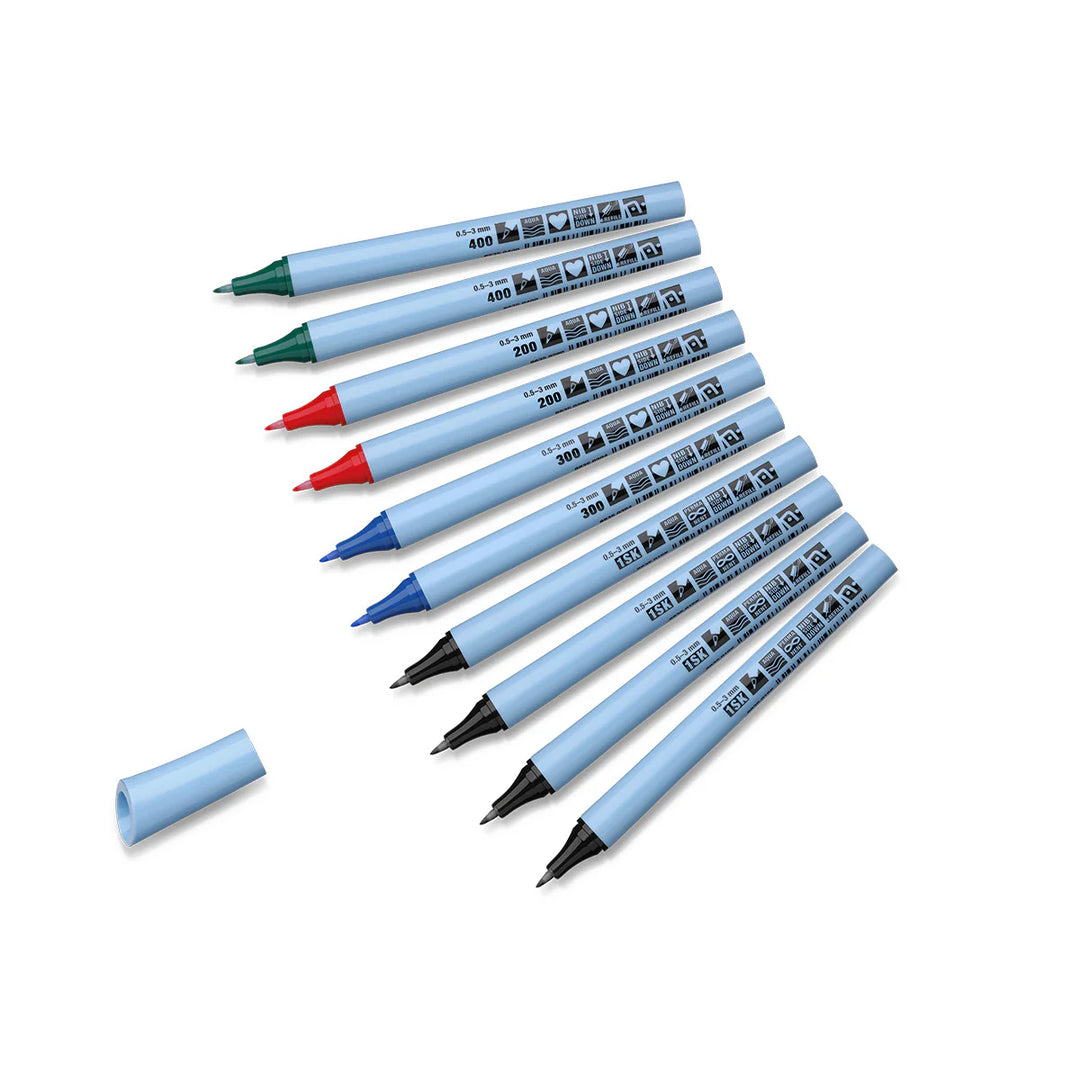 Set of 10 assorted Neuland refillable fineone flex markers, displayed in deep colour tones on white background.