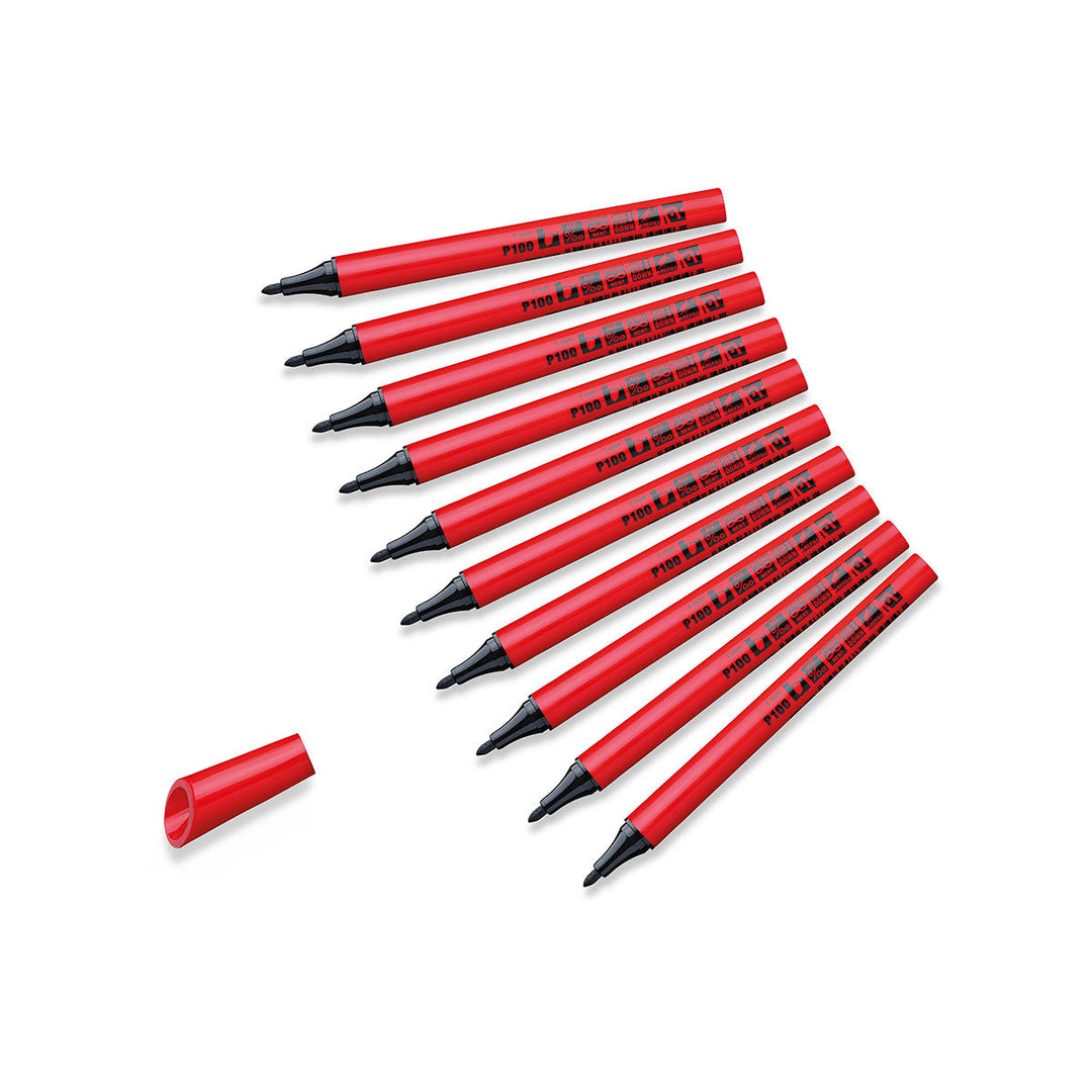 Red cased neuland markers with black permanent ink nibs on a white background