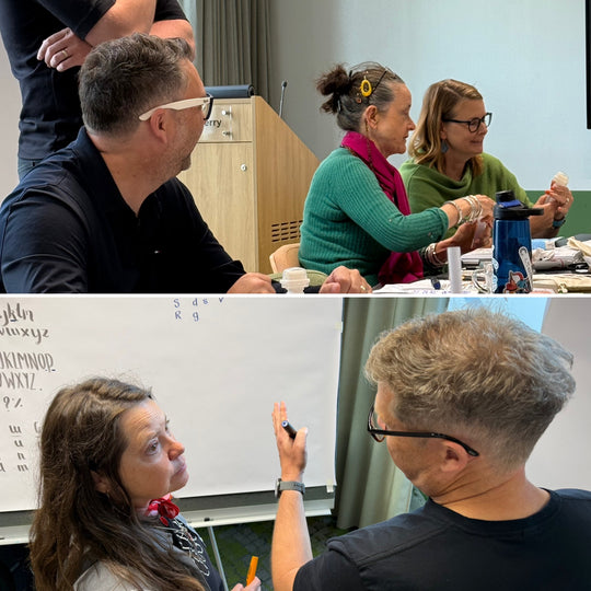Collage of two scenes: people at a table with a whiteboard in the background, and a man pointing at a whiteboard. with Heather Martinez in collab with Inky Thinking