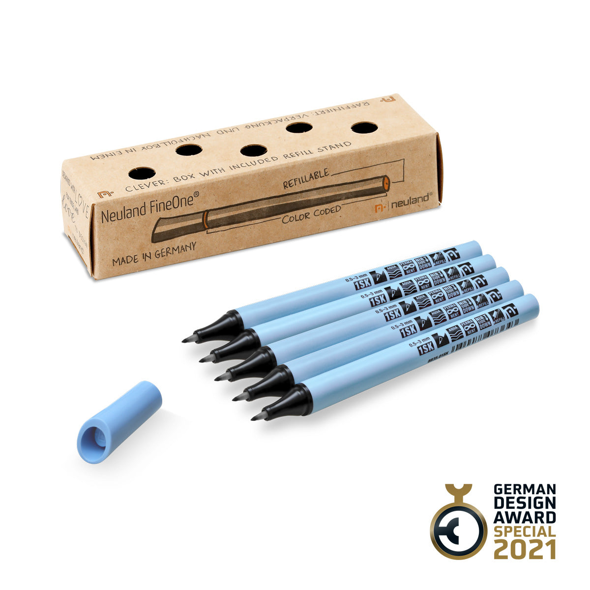 Set of 5 Neuland FineOne Flex markers, pens, black. Refillable. Sold in UK via Inky Thinking Shop UK, official Neuland reseller.