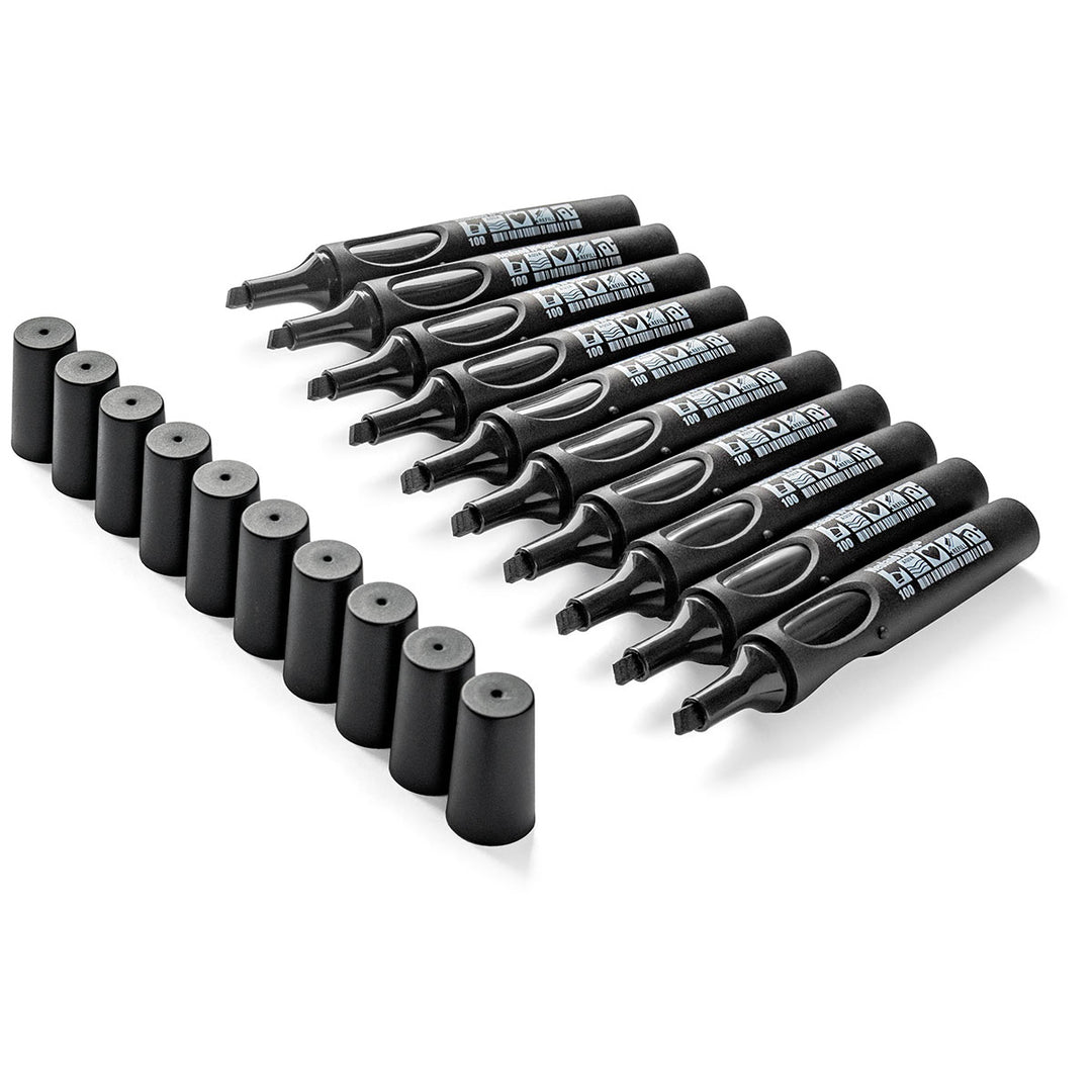 Set of 10 Neuland No.One Wedge markers, wedge nib, in black tones. Refillable. Sold in UK via Inky Thinking Shop UK, official Neuland reseller.