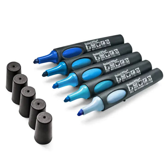 Set of 5 Neuland No.One Wedge markers, pens, in blue tones. Sold in UK via Inky Thinking Shop UK, official Neuland reseller.