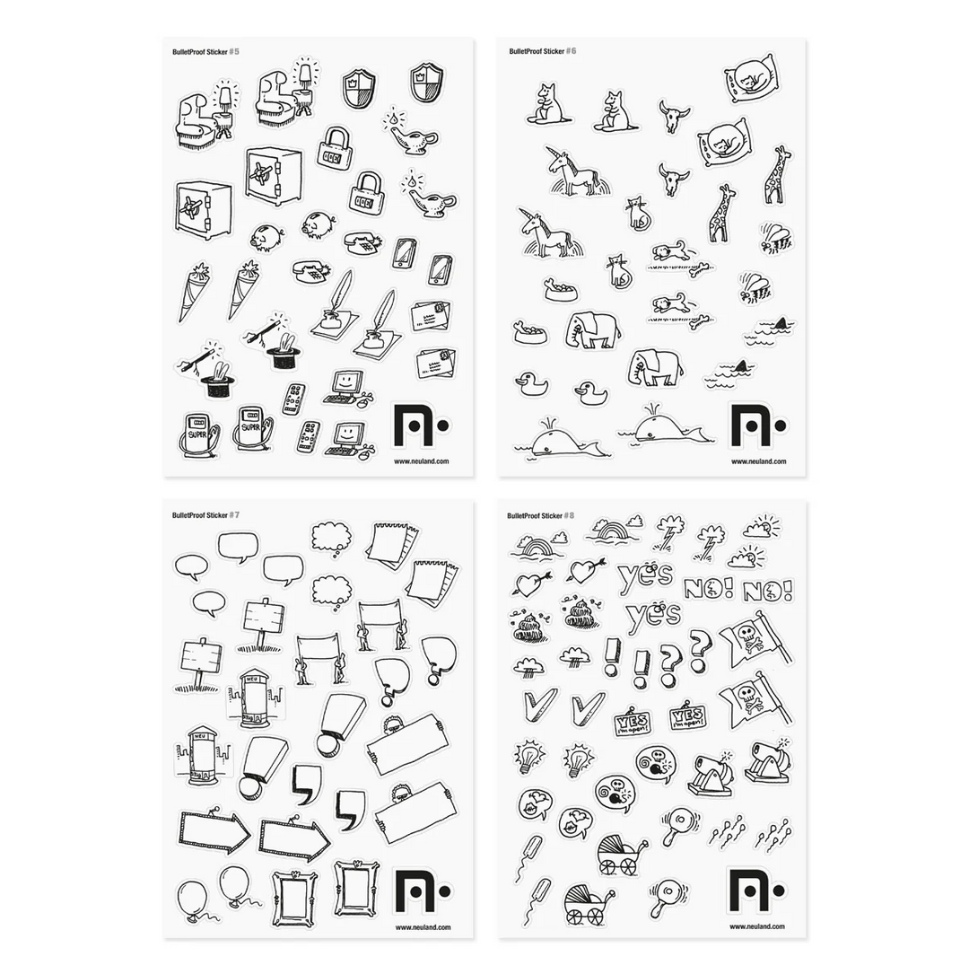 BulletProof Sticker Set – smaller sticker size, black and white for colouring in. Made by Neuland. 