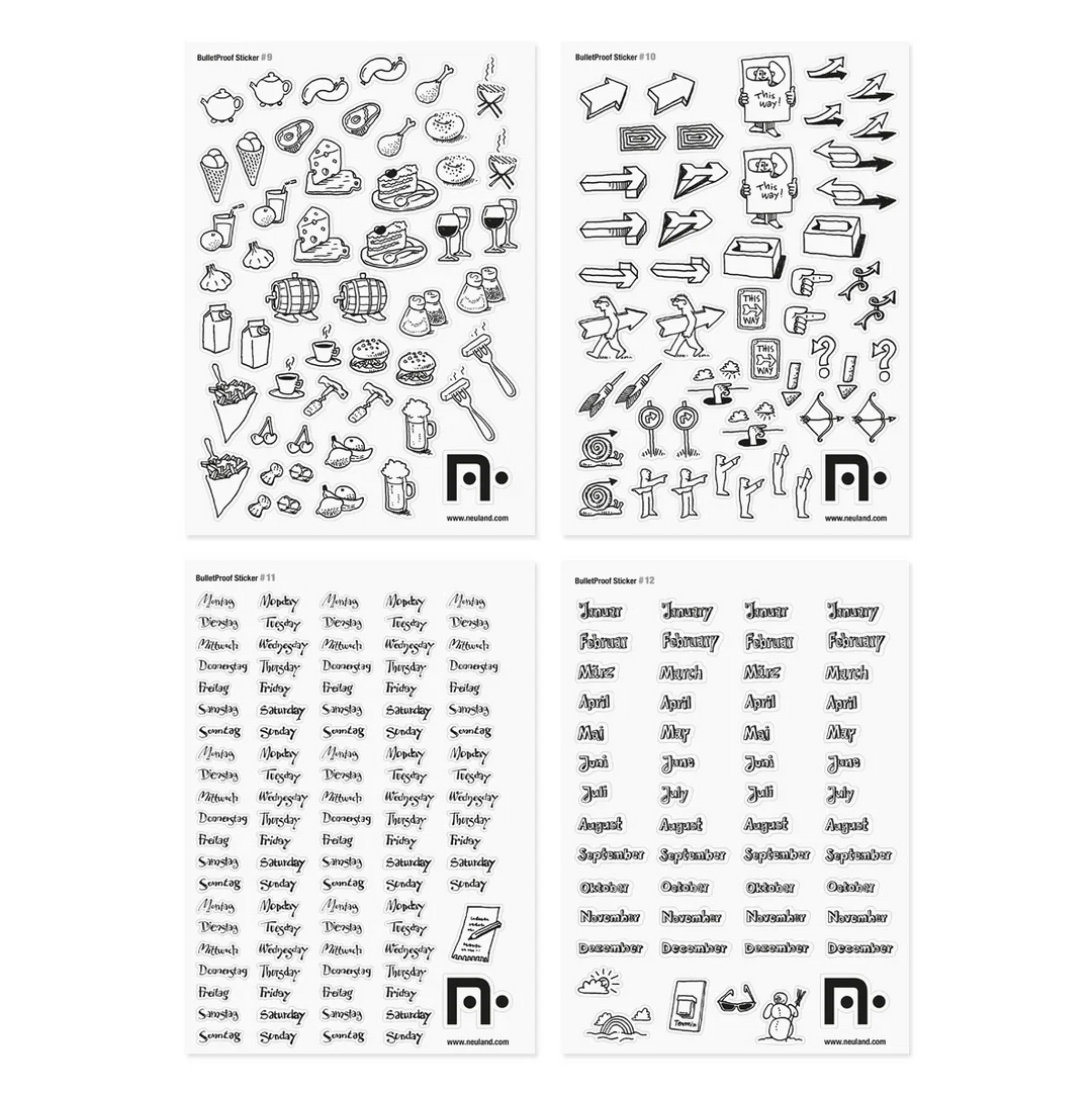 BulletProof Sticker Set – smaller sticker size, black and white for colouring in. Made by Neuland. 