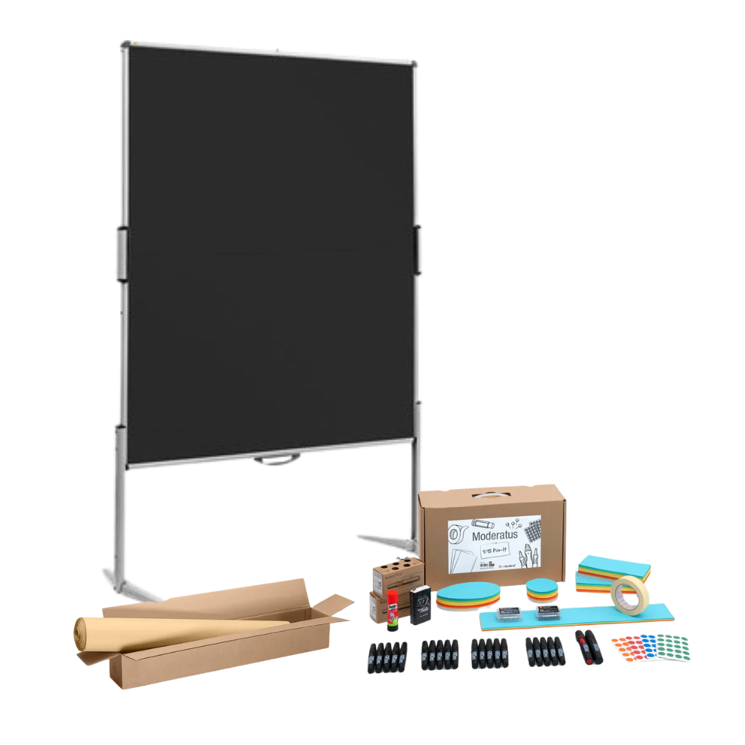 Pinboard Facilitation Bundle Set is a professionally curated starter set designed to elevate your next workshop! This set features a foldable pinboard, workshop materials suitable for up to 15 participants and Pinboard Paper. All you need to get you started.