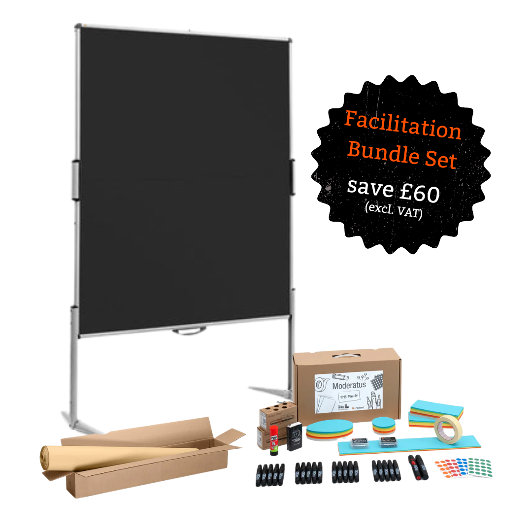 Neuland Pinboard Facilitation Bundle Set is a professionally curated starter set designed to elevate your next workshop! This set features a foldable pinboard, workshop materials suitable for up to 15 participants and Pinboard Paper. All you need to get you started.