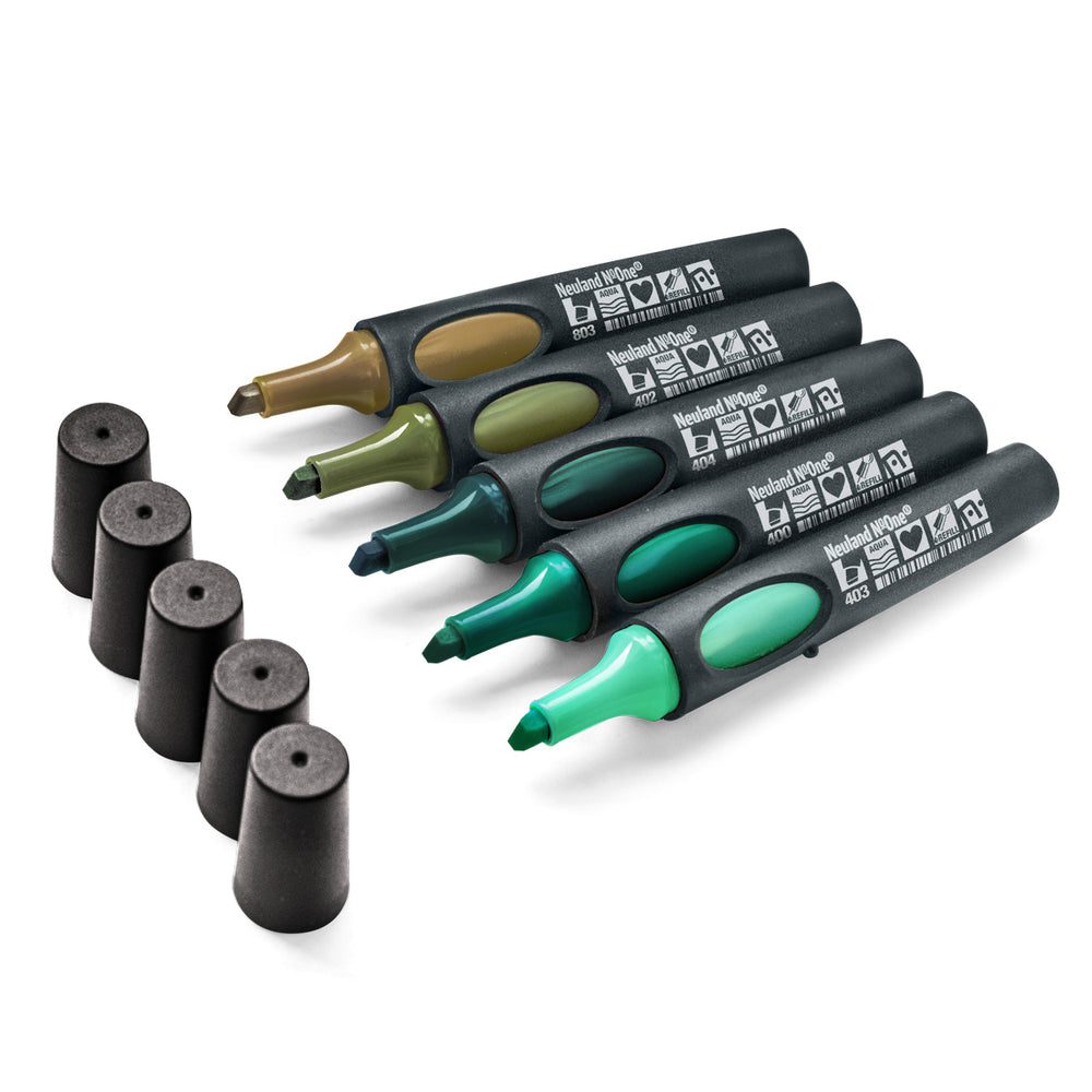 Set of 5 Neuland No.One Wedge markers, wedge nib, in green tones. Refillable. Sold in UK via Inky Thinking Shop UK, official Neuland reseller.