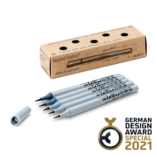 Set of 5 Neuland FineOne Flex markers, pens, grey tones. Refillable. Sold in UK via Inky Thinking Shop UK, official Neuland reseller.