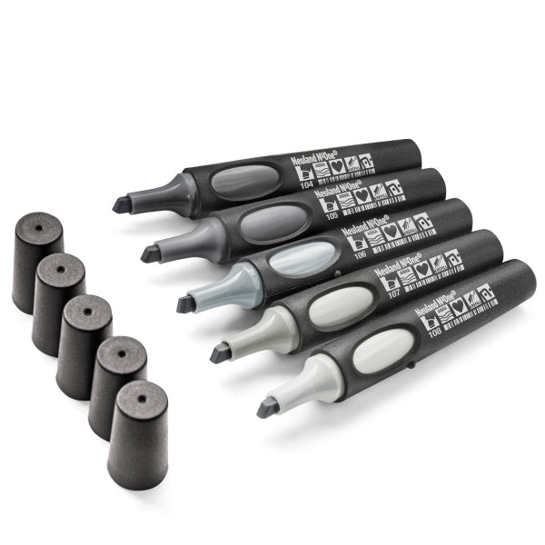 Set of 5 Neuland No.One Wedge markers, wedge nib, in grey tones. Refillable. Sold in UK via Inky Thinking Shop UK, official Neuland reseller.