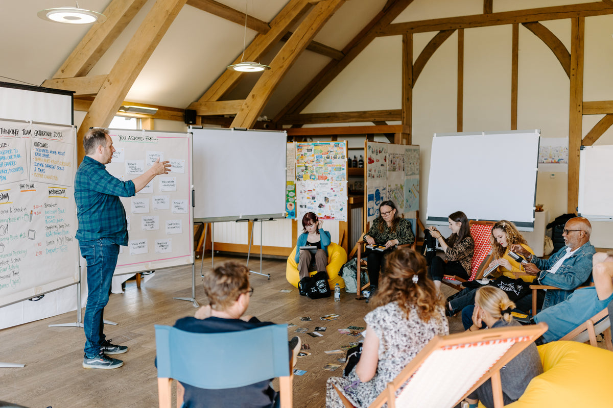 Facilitator leading a team of people in team day, introducing the day with Neuland Pinboard agendas.