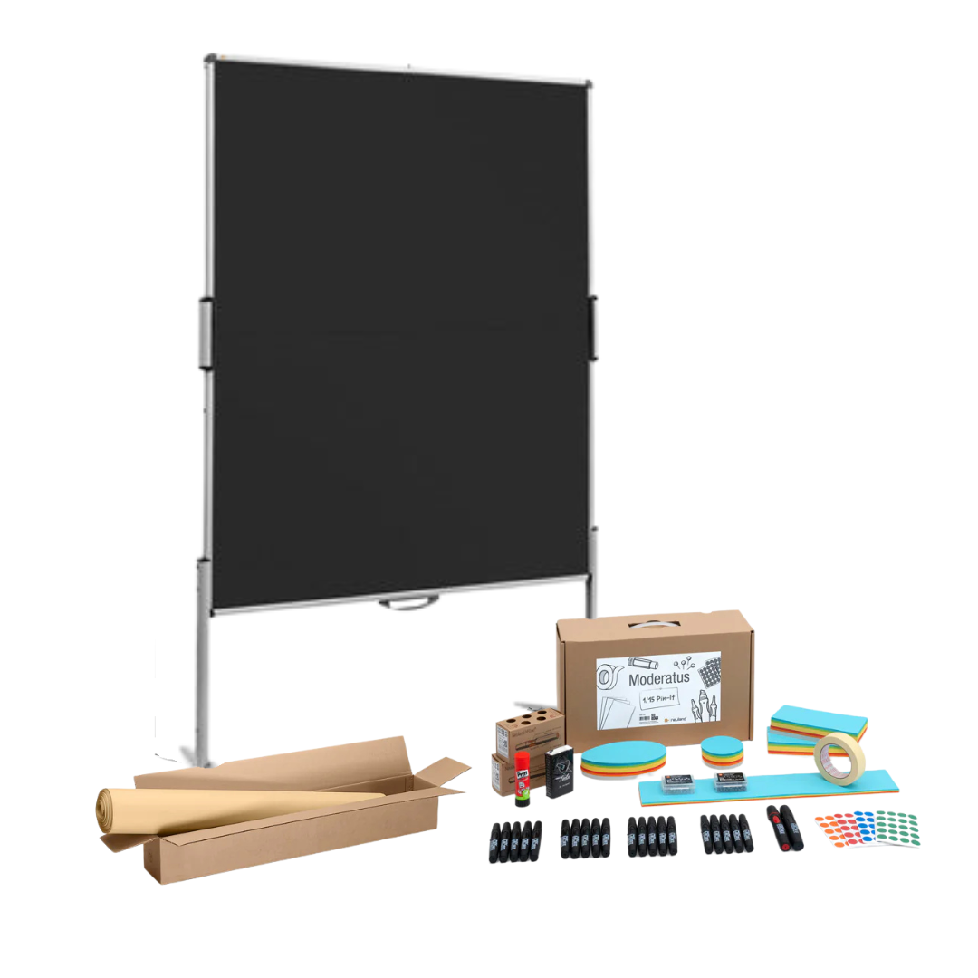 Neuland Pinboard Facilitation Bundle Set is a professionally curated starter set designed to elevate your next workshop! This set features a foldable pinboard, workshop materials suitable for up to 15 participants and Pinboard Paper. All you need to get you started.