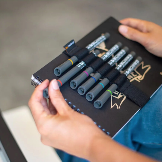 6 Neuland FineOne sketch pens, 0.5mm nib marker pen in holder wrapped around book. Sold in the UK by official reseller, Inky Thinking.