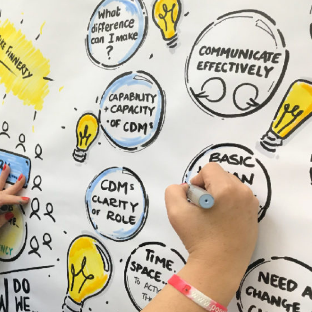 person using Neuland No.One Art brush marker pen, 303 Pastel Blue, on meeting charts