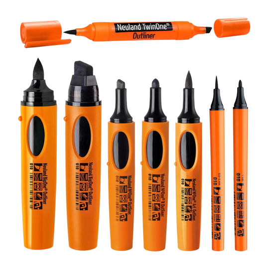 A set of Neuland Outliner markers (8-set) shown with multiple tip styles and the cap removed from one marker, on a plain white background.