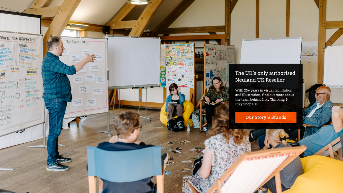 A group of Inky Thinking illustrators gathered in a meeting room  with one man writing on a whiteboard and others listening. A black promotional overlay for 'Neuland UK Reseller' is superimposed on the right side of the image.