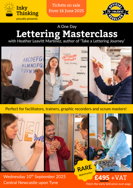 Details of lettering masterclass with Heather Martinez in UK in September 2025 in collaboration with Inky Thinking and Inky Shop UK