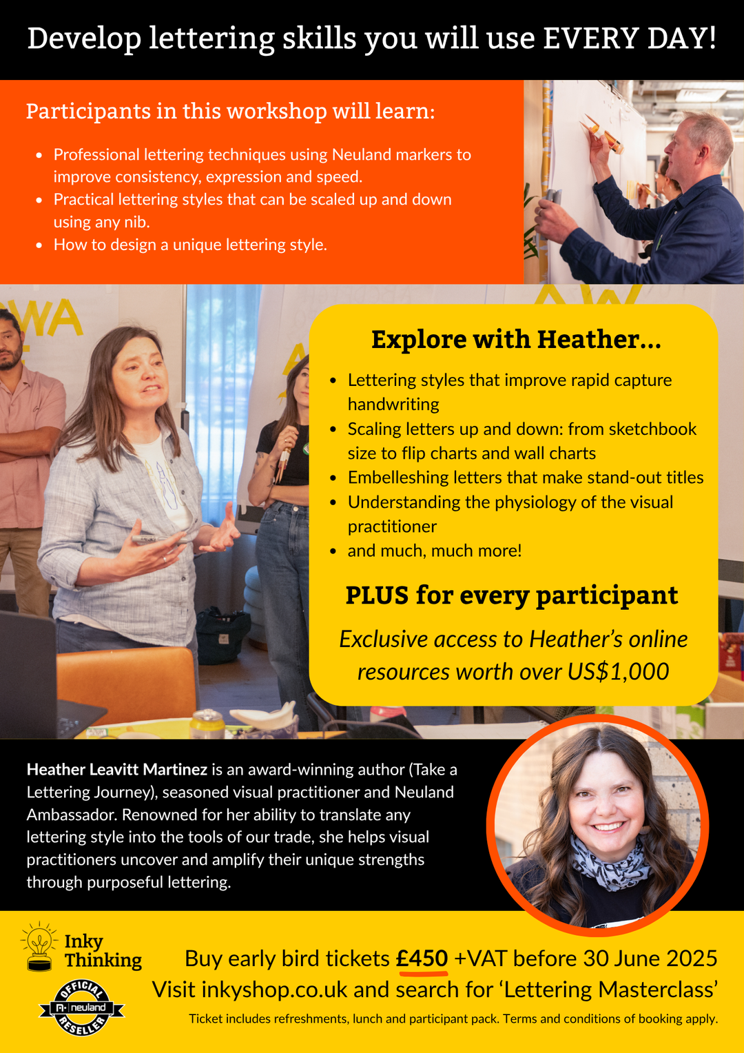 Details of lettering masterclass with Heather Martinez in UK in September 2025 in collaboration with Inky Thinking and Inky Shop UK