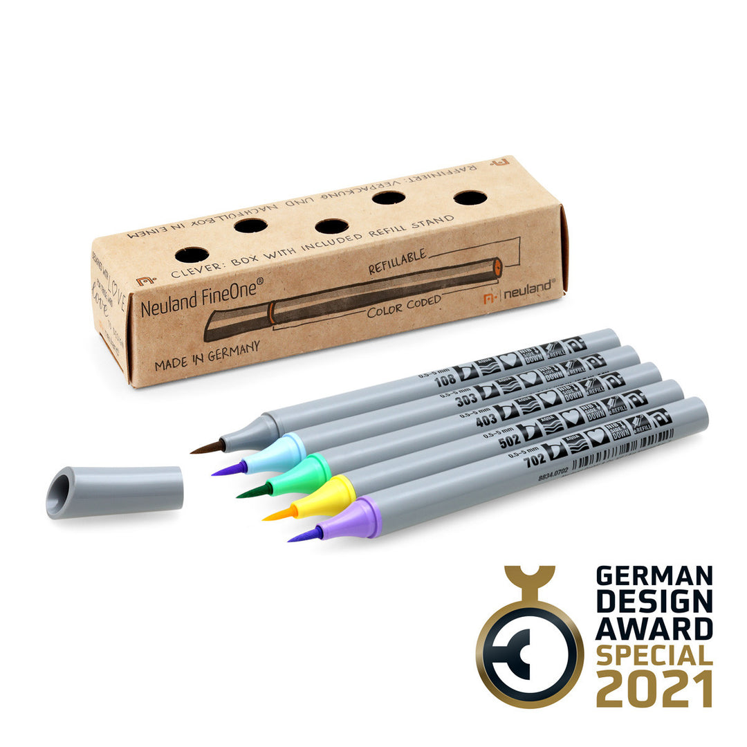 Set of 5 Neuland FineOne Flex markers, pens, pastel tones. Refillable. Sold in UK via Inky Thinking Shop UK, official Neuland reseller.