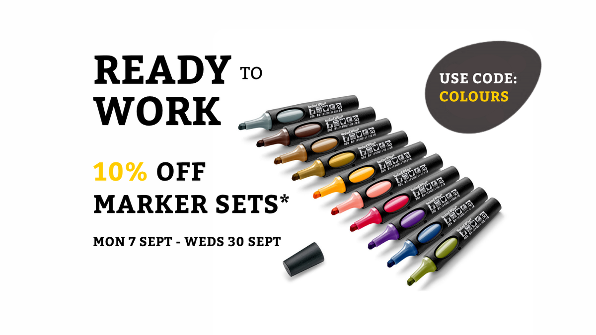 Promotional graphic for a set of Neuland refillable coloured marker pens with text reading 'READY TO WORK', '10% OFF MARKER SETS*', and 'USE CODE: COLOURS'. The image shows multiple marker sets in assorted colours arranged diagonally on a white background, with one cap placed separately.