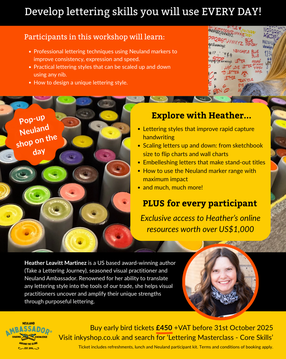 Advertisement for a lettering workshop with colourful Neuland markers and promotional text. Heather Martinez in collab with Inky Thinking 