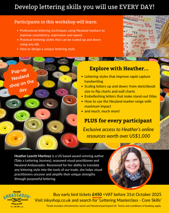 Advertisement for a lettering workshop with colourful Neuland markers and promotional text. Heather Martinez in collab with Inky Thinking 