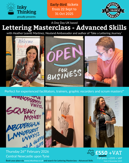 Promotional poster for a Lettering Masterclass with images of people working on lettering projects. Delivered by Heather Martinez in collab with Inky Thinking in February 2026