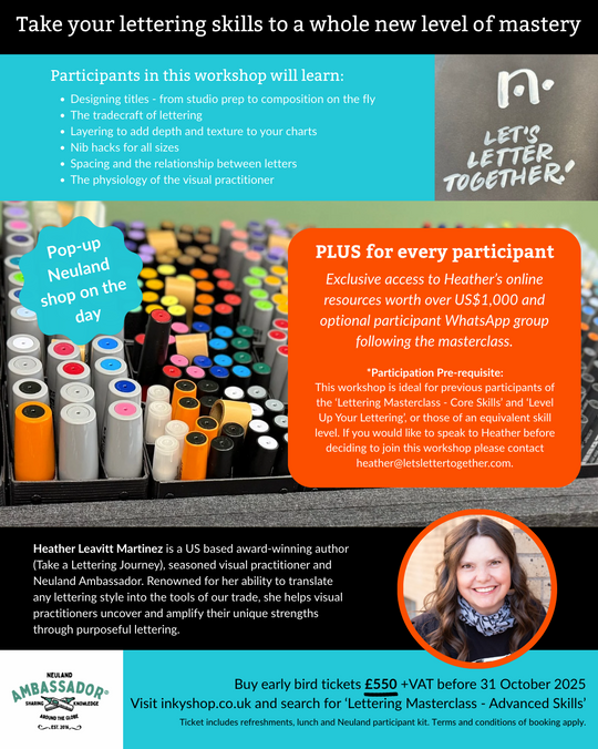 Promotional poster for a Lettering Masterclass with images of people working on lettering projects. Delivered by Heather Martinez in collab with Inky Thinking in February 2026