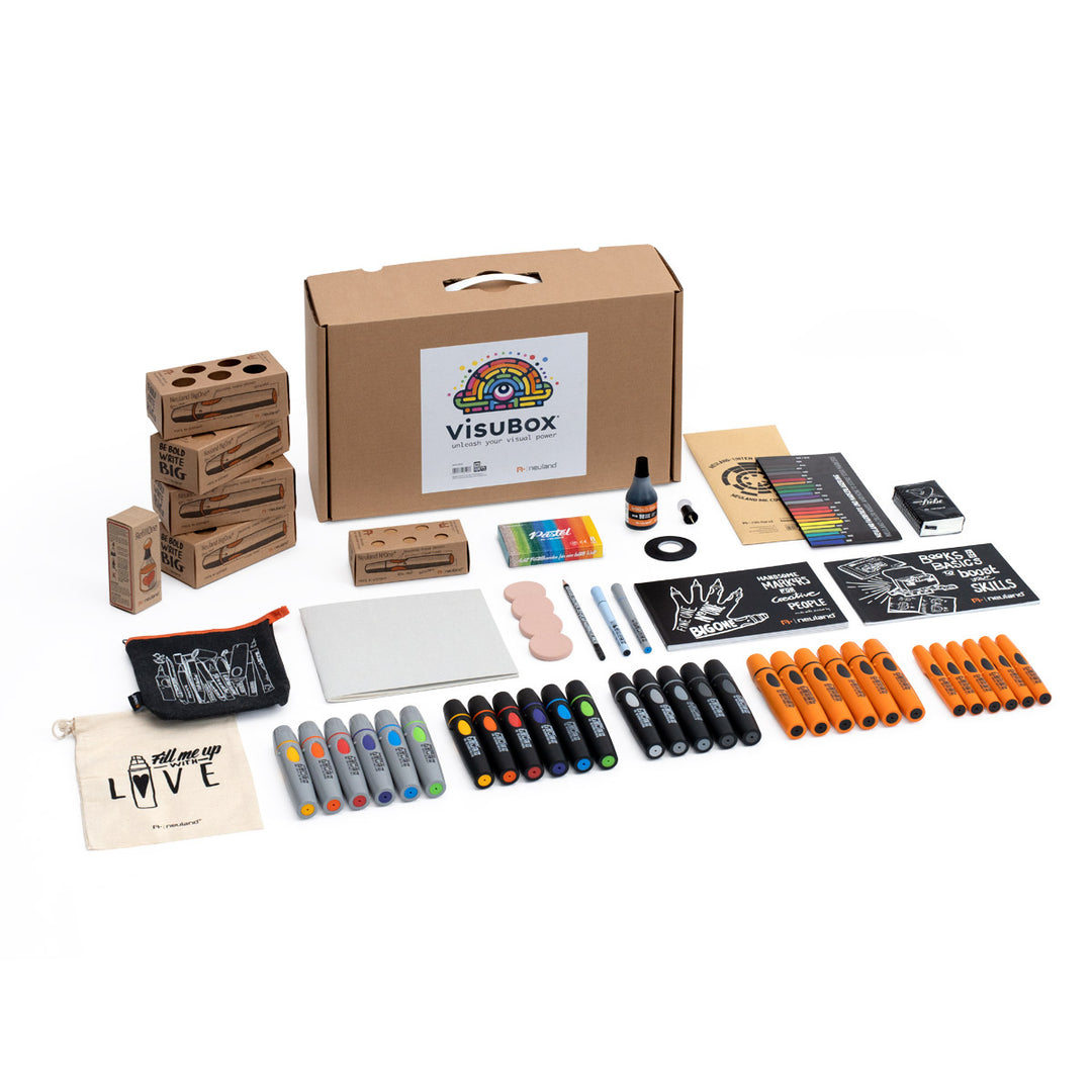 VisuBox is a pre-packed visual starter set designed to elevate creative projects to a professional level. Kit contains Neuland markers, refillable, pastels, refills, colour wheel and other handy tools. Sold in UK by Inky Thinking.