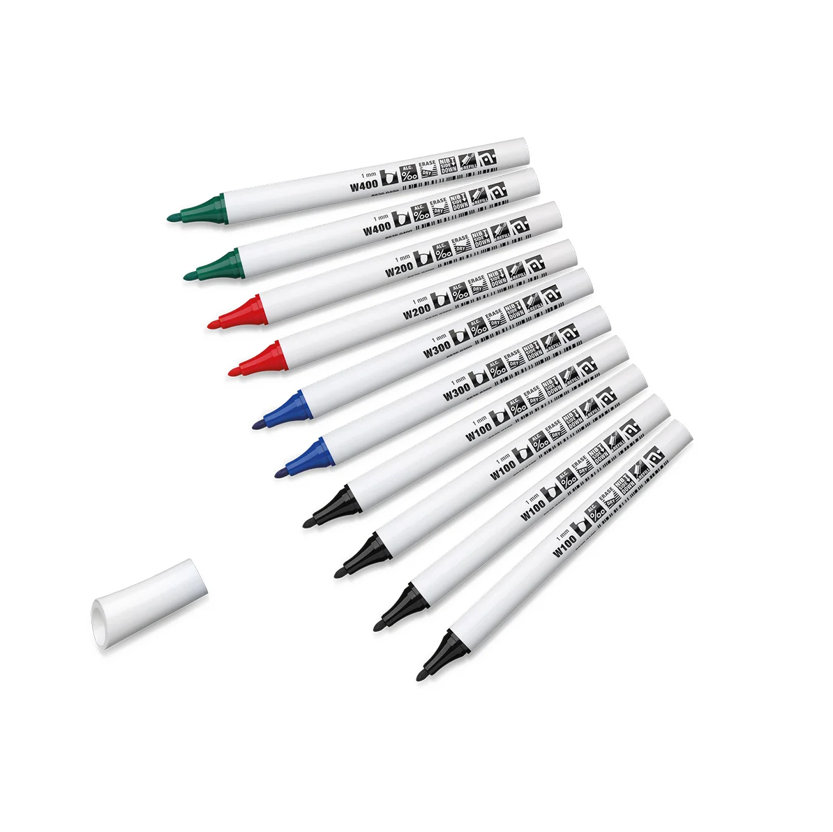 10 fine-tip Neuland refillable whiteboard marker pens with white barrels and black caps, arranged diagonally on a white background with their cap removed and placed separately. The marker tips are green, red, blue, and black.