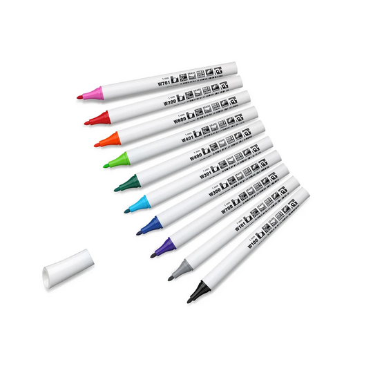 10 fine-tip Neuland refillable whiteboard marker pens with white barrels and black caps, arranged diagonally on a white background with their cap removed and placed separately. The marker tips are a rainbow of colours