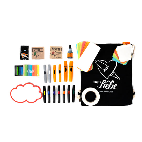 Product image of Meeting leaders maxi kit, including outliner and marker pens, artist tape, chalk pastels, stick-it paper, refill ink, tissues and voting dots - sold by Inky Thinking UK as official Neuland reseller