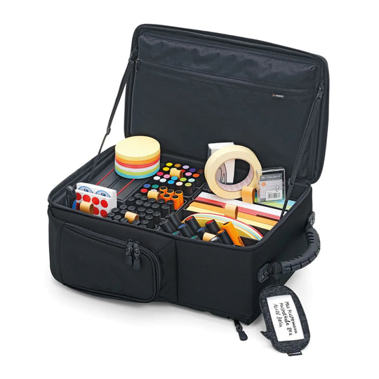 Neuland Novario workshop backpack pre-filled with visual facilitation materials including markers, stickers, scissors, pins, Stick-It Cards. Sold in UK by Inky Thinking Shop, official GB reseller.